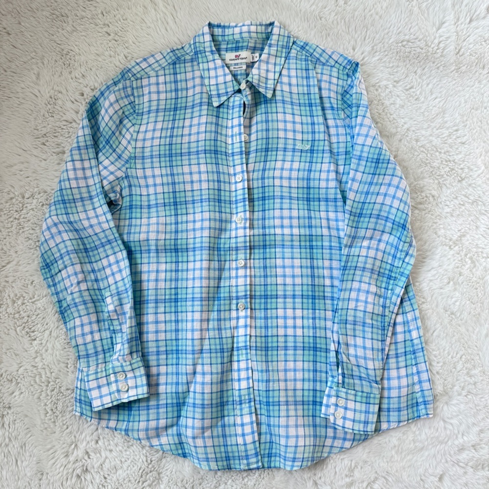 Vineyard Vines Linen Blue Plaid Shirt - Picture 3 of 5